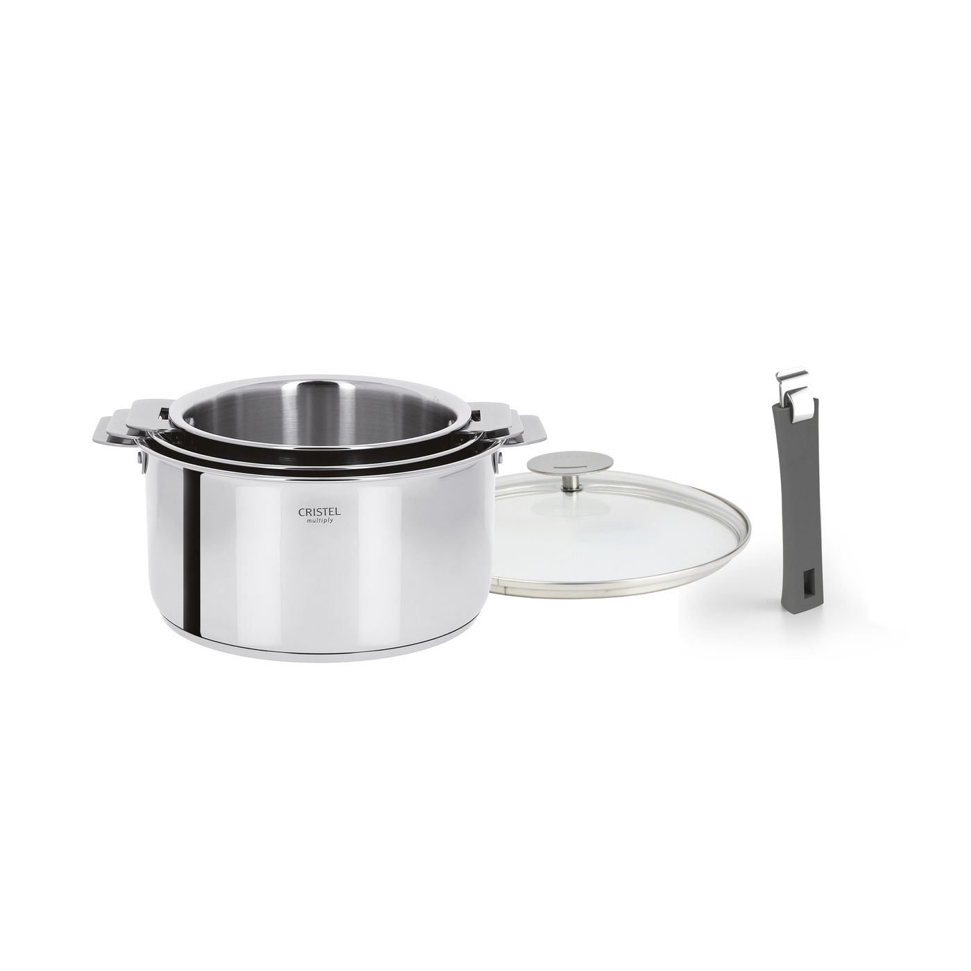 Série de 3 casseroles Casteline + poignée Mutine grise + couvercle